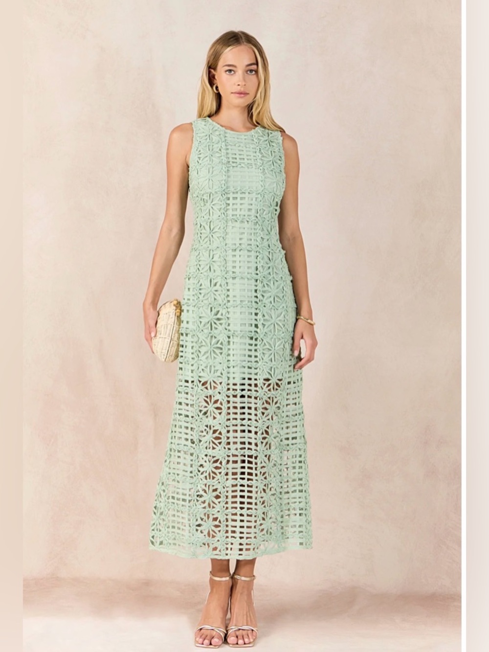 Endless Rose Textured Sleeveless Maxi Dress Size S | Sage Green Lace Floral Maxi